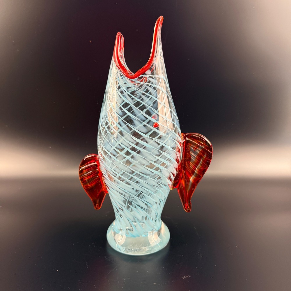 Murano Style Glass Fish Vase 11" Open Mouth Zanfirico Latticino Red Fins
